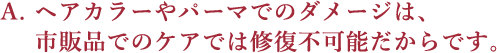 A. ヘアカラーやパーマでのダメージは、市販品でのケアでは修復不可能だからです。