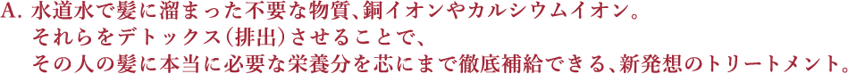 A. 水道水で髪に溜まった不要な物質、銅イオンやカルシウムイオン。それらをデトックス（排出）させることで、その人の髪に本当に必要な栄養分を芯にまで徹底補給できる、新発想のトリートメント。